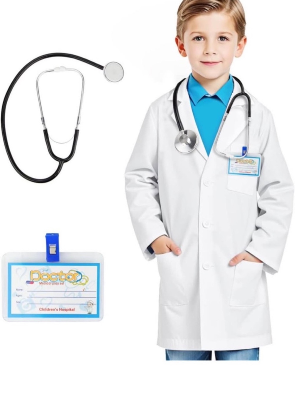 NIB Kids Doctor Play Set Lab Coat with Black Stethoscope and Blue ID Badge SZ M